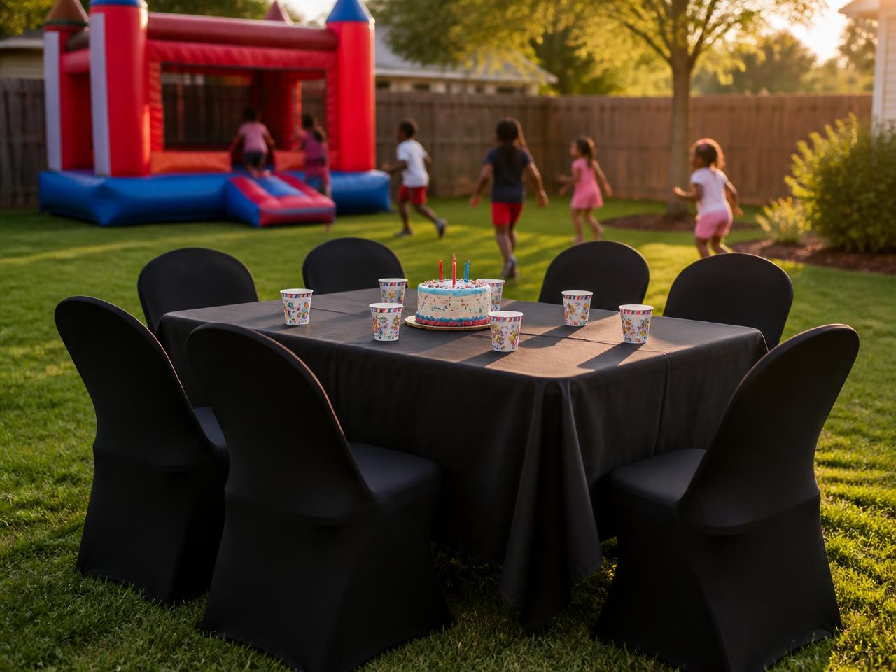 Example party setup: a 6-foot folding table with a black tablecloth and six chairs in black covers on a backyard lawn