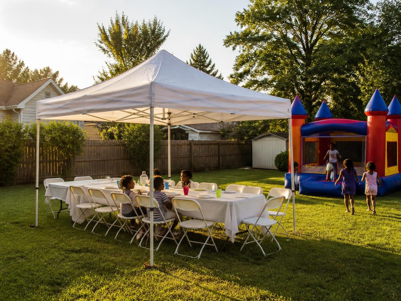 Example party setup: a 10×20 white canopy tent over folding tables and chairs in a backyard