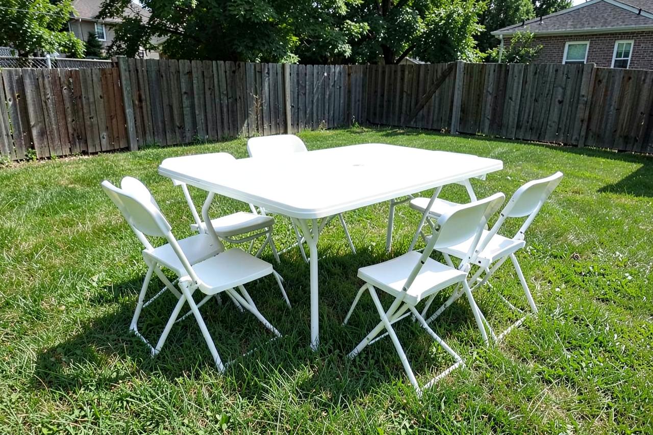 White folding table with six white folding chairs set up on backyard grass