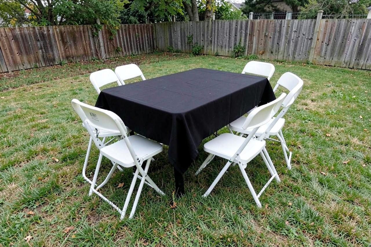 Folding table covered with a black tablecloth and surrounded by white folding chairs