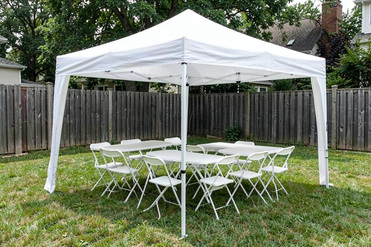 White canopy tent set up over folding tables and chairs in a backyard